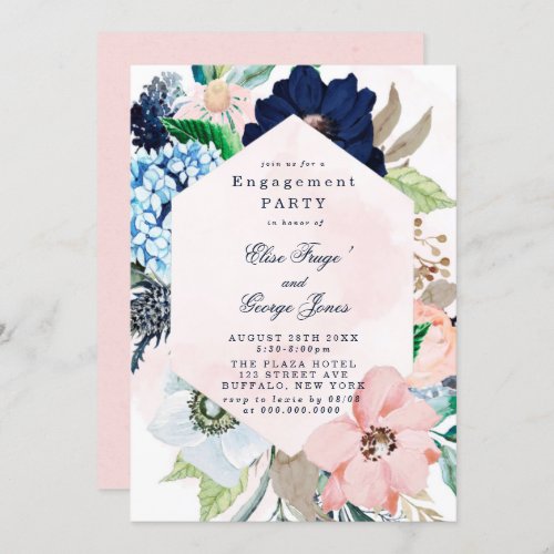 Chic Navy Blush Pink Floral Engagement Party Invitation