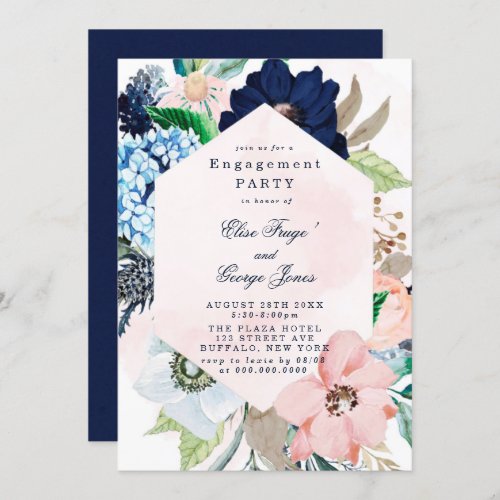 Chic Navy Blush Pink Floral Engagement Party Invitation