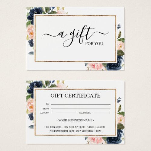 Chic Navy Blush Pink Floral Gift Certificate Card