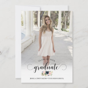 Chic Navy Blush Pink Floral Photo Graduation Party Invitation