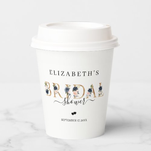 Chic Navy Blush Pink Floral Script Bridal Shower Paper Cups