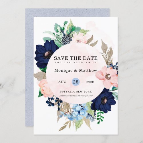 Chic Navy Blush Pink Floral Wedding Save The Date Invitation