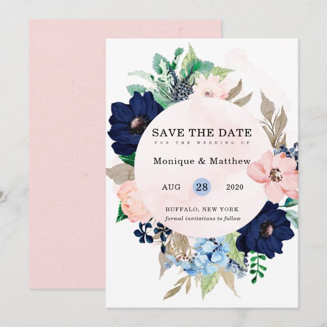 Chic Navy Blush Pink Floral Wedding Save The Date Invitation (Front/Back)
