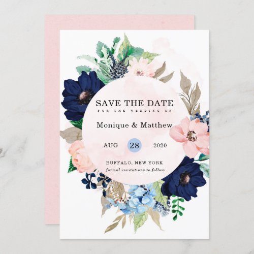 Chic Navy Blush Pink Floral Wedding Save The Date Invitation