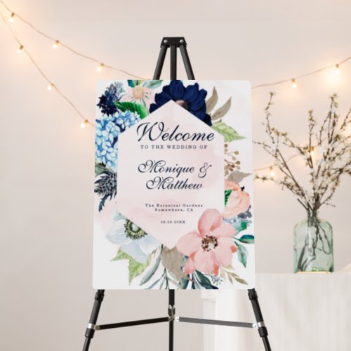 Chic Navy Blush Pink Floral Wedding Welcome Foam Board