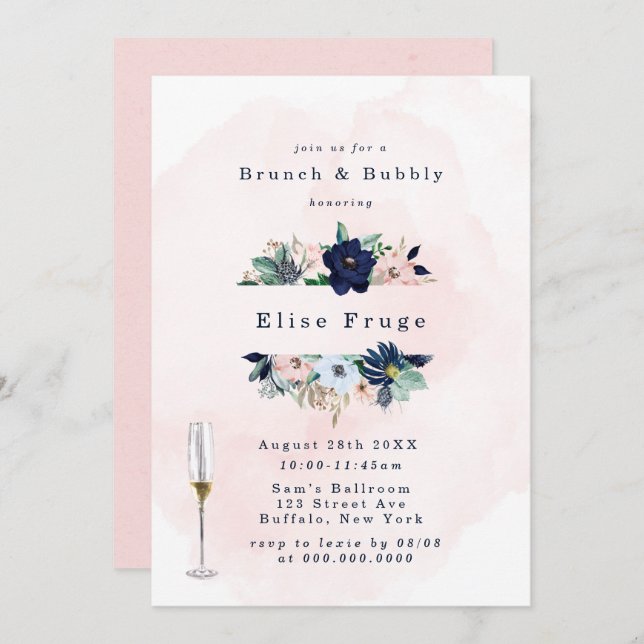 Chic Navy Blush Pink Florals Brunch & Bubbly Invitation (Front/Back)