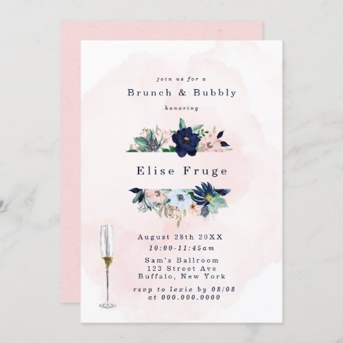 Chic Navy Blush Pink Florals Brunch  Bubbly Invitation