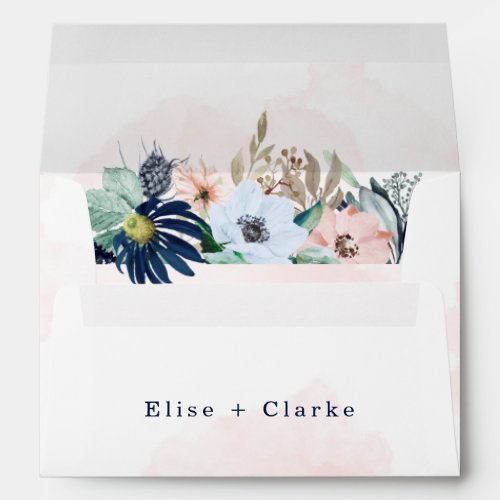 Chic Navy Blush Pink Painted Floral Wedding Envelope