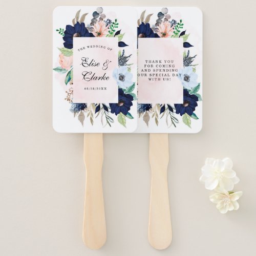 Chic Navy Blush Pink Painted Floral Wedding Thanks Hand Fan