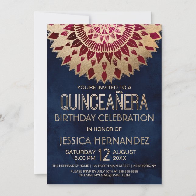 Chic Navy Burgundy Gold Floral Mandala Quinceañera Invitation (Front)