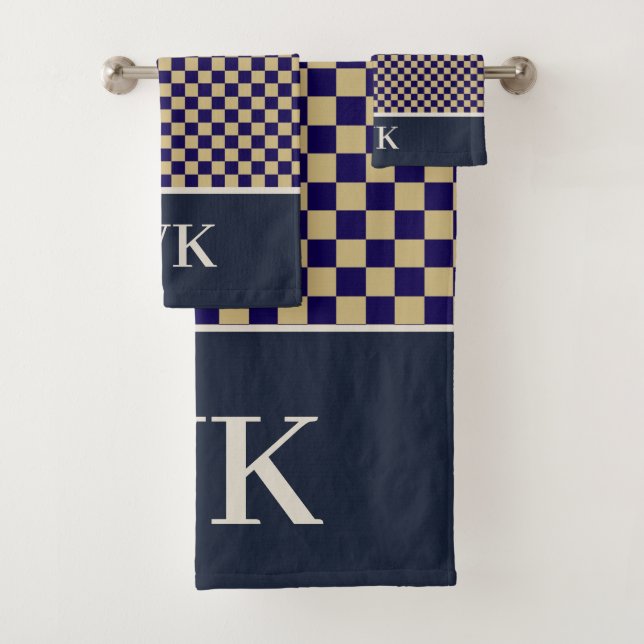 Chic Navy Checkerboard Spa Monogram Bath Towel Set (Insitu)