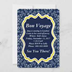 Chic Navy Damask Floral "Bon Voyage" Invitation