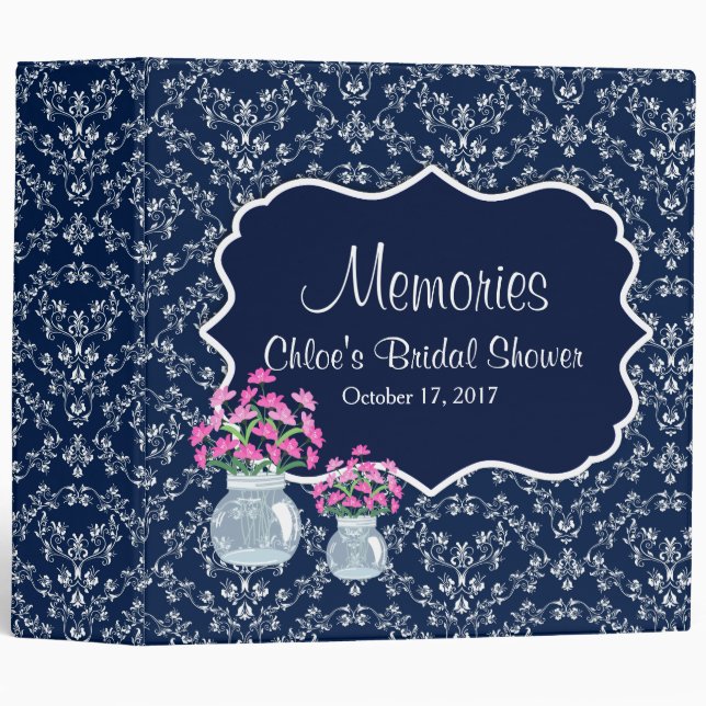 Chic Navy Damask Floral Bridal Shower Photo Album Binder (Front/Spine)