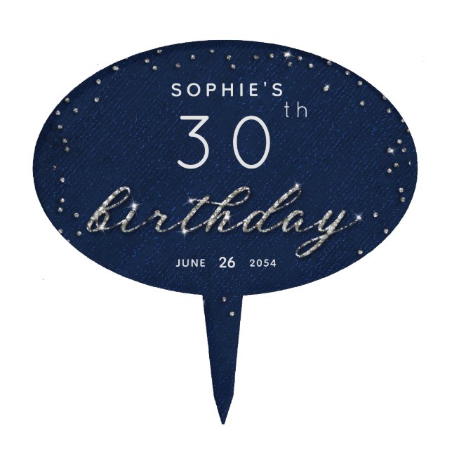 Chic Navy Glitter Jewel Birthday Party Cake Topper (Front)