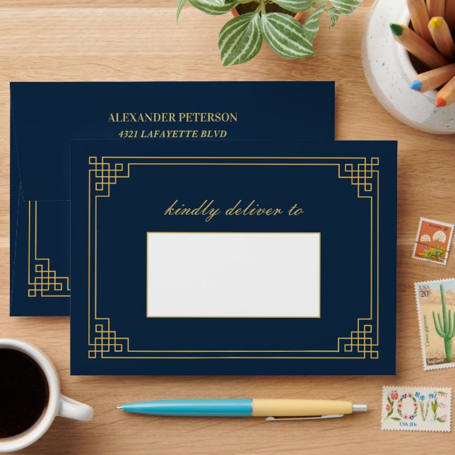 Chic Navy Gold Art Deco Birthday Personalized Envelope (Desk)