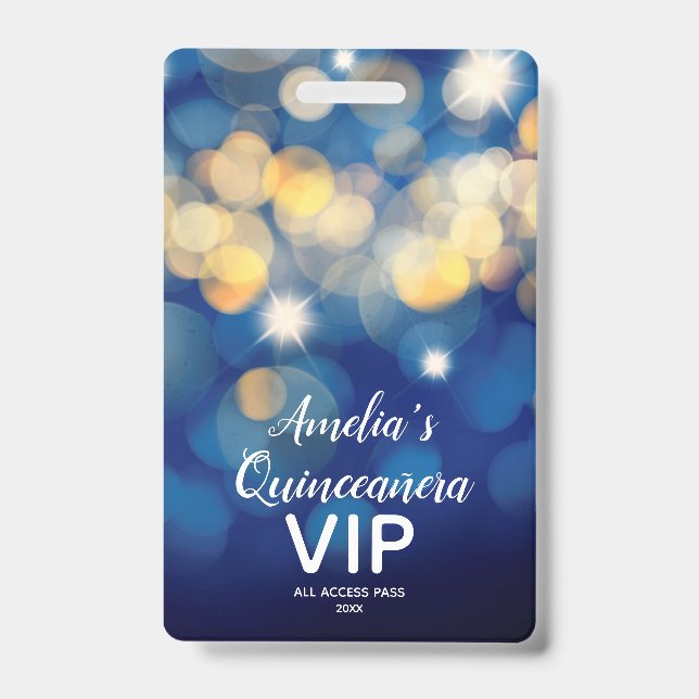 Chic Navy Gold Bokeh Quinceañera Invite VIP Pass Badge (Front)