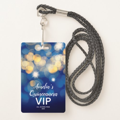 Chic Navy Gold Bokeh Quinceaera Invite VIP Pass Badge