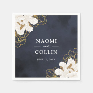 Chic Navy & Gold Floral Wedding Napkins