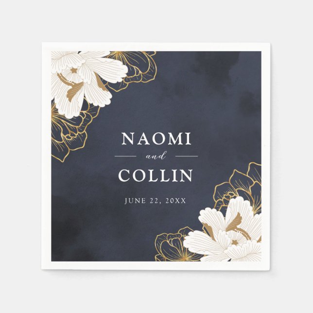 Chic Navy & Gold Floral Wedding  Napkins (Front)