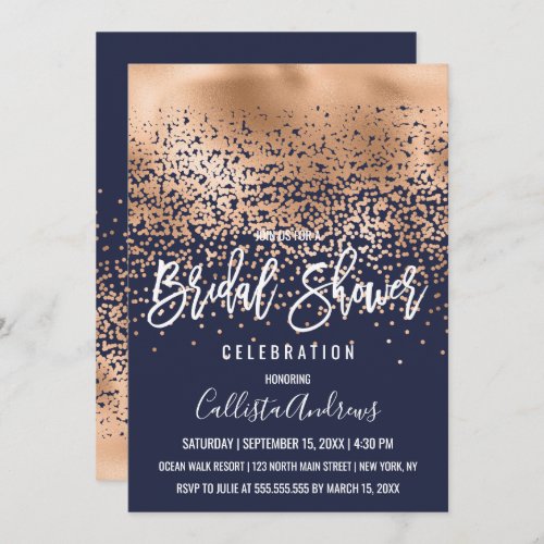 Chic Navy Gold Foil Confetti Ombre Bridal Shower Invitation