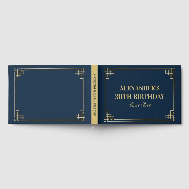 Chic Navy Gold Gatsby Art Deco Frame Birthday Guest Book (Full)