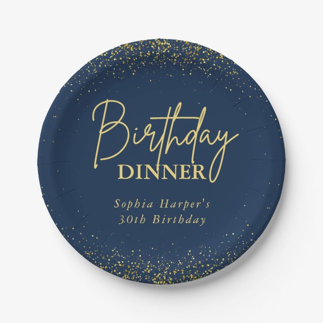 Chic Navy Gold Glitter Confetti Birthday Dinner Paper Plates (Front)