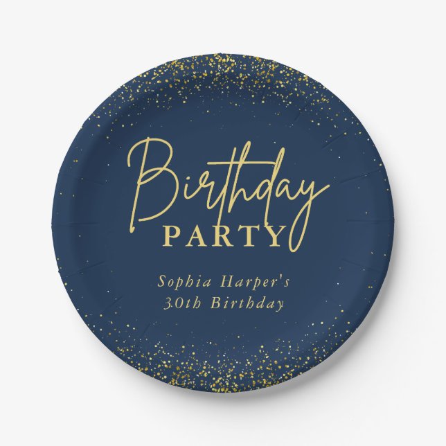 Chic Navy Gold Glitter Confetti Birthday Party Paper Plates (Front)