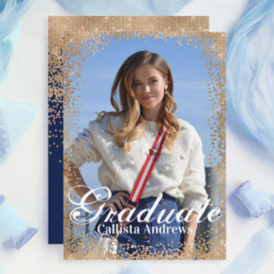 Chic Navy Gold Glitter Confetti Photo Graduation Invitation