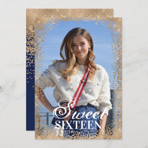 Chic Navy Gold Glitter Confetti Photo Sweet 16 Invitation