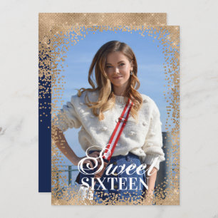 Chic Navy Gold Glitter Confetti Photo Sweet 16 Invitation