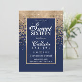 Chic Navy Gold Glitter Confetti Photo Sweet 16 Invitation (Standing Front)
