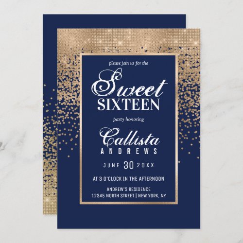 Chic Navy Gold Glitter Confetti Photo Sweet 16 Invitation