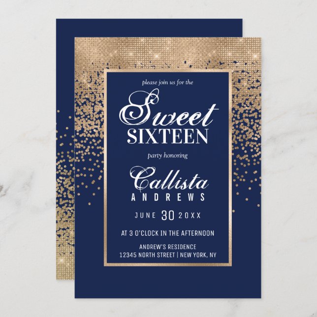 Chic Navy Gold Glitter Confetti Photo Sweet 16 Invitation (Front/Back)