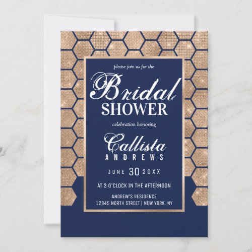 Chic Navy Gold Glitter Hexagon Geo Bridal Shower Invitation