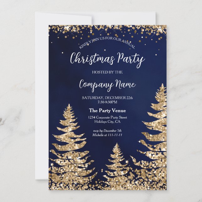 Chic Navy Gold Glitter Pine Corporate Party Invitation (Front)
