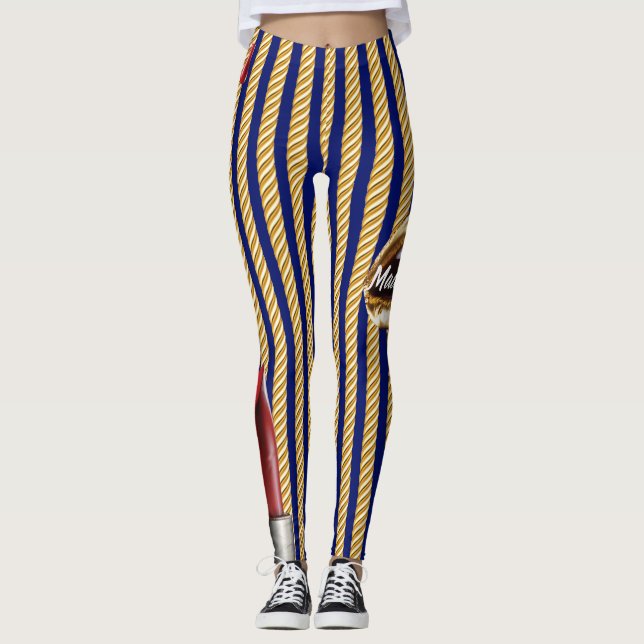 Chic Navy Gold Lines Lips Girly 2022 bday Leggings (Front)