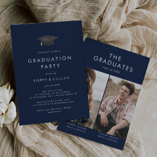 Chic Navy Grad Cap Photo Double Graduation Party Invitation