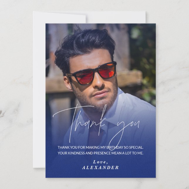 Chic Navy Gradient Photo Birthday Thank you card (Front)