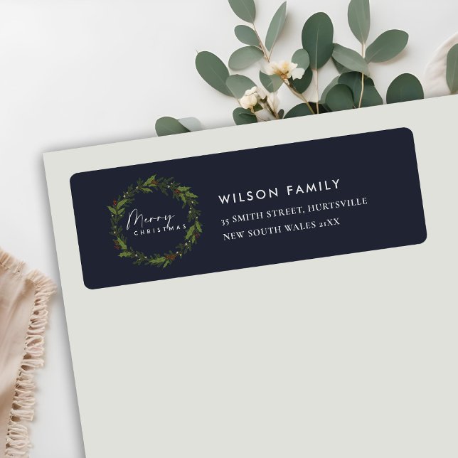 CHIC NAVY HOLLY BERRY WREATH CHRISTMAS ADDRESS LABEL (Creator Uploaded)