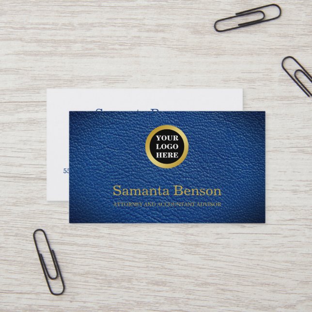 Chic Navy Leather Professional Round Gold Logo Business Card (Front/Back In Situ)