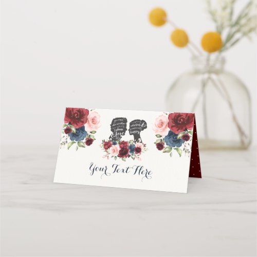 Chic  Navy Maroon Flower Bride Groom Silhouettes Place Card