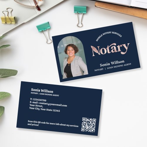 Chic Navy Notary Public Loan Signing Photo QR Code Business Card