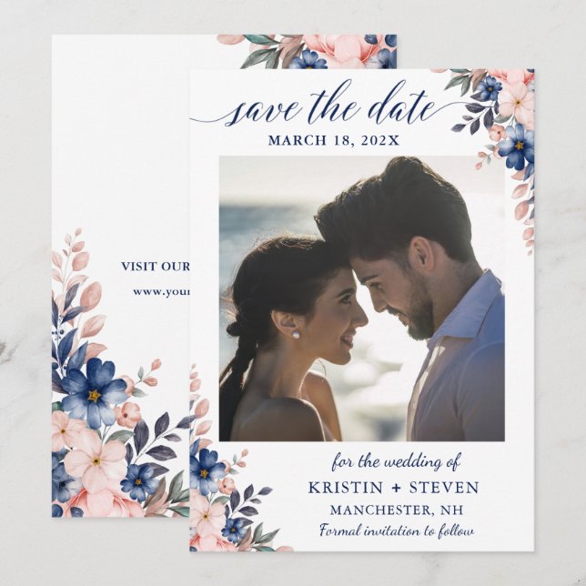 Chic Navy Peach Floral Photo Save The Date Card (Front/Back)