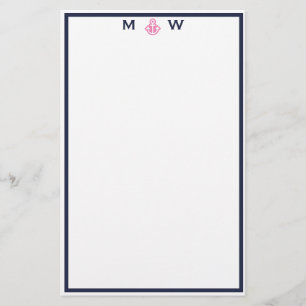 Chic Navy & Pink Anchor Monogram Stationery