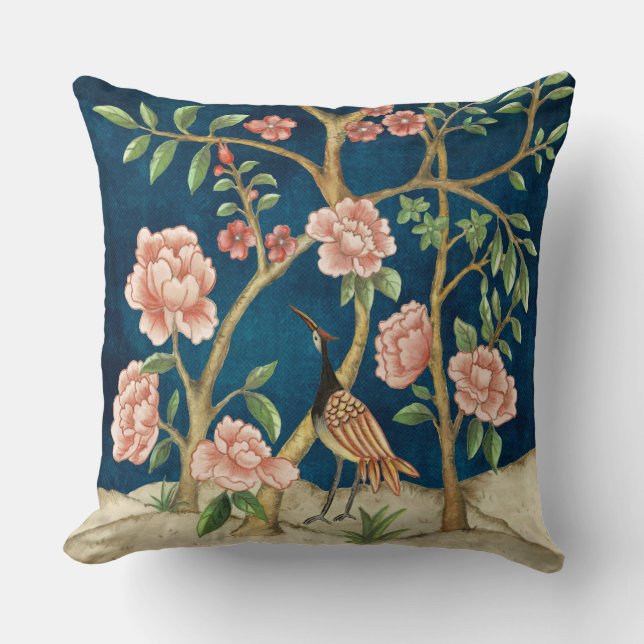 Chic Navy Pink Chinoiserie Floral Bird Greenery Throw Pillow (Front)