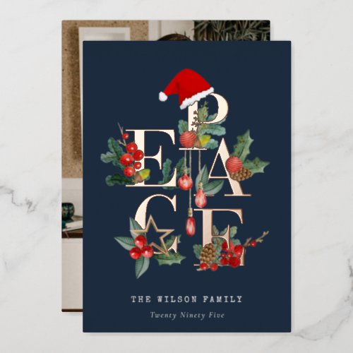 Chic Navy Red Green Photo Peace Christmas Foliage Foil Holiday Card
