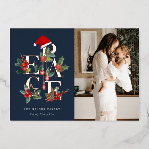 Chic Navy Red Green Photo Peace Christmas Foliage Foil Holiday Card