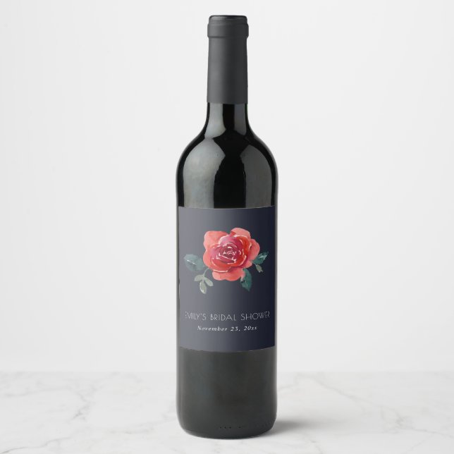 CHIC NAVY RED GREEN ROSE FLORAL BRIDAL SHOWER WINE LABEL (Front)