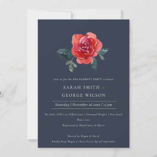 CHIC NAVY  RED GREEN ROSE FLORAL ENGAGEMENT INVITE
