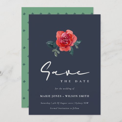 CHIC NAVY RED GREEN ROSE FLORAL SAVE THE DATE INVITATION
